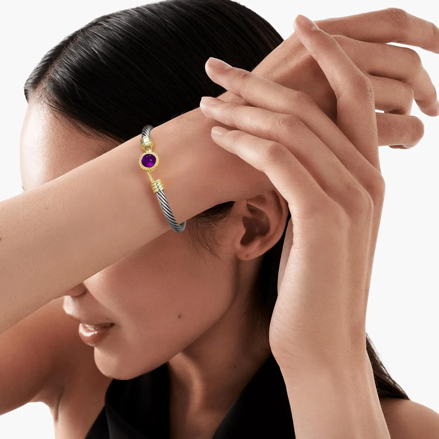 Cuff Bracelets for Women - Silver Cable Bracelets Two Tone Gold Crystal - Mixed Metal Bangle Designer Dupes Bracelet Jewelry Gift