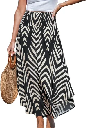 CUPSHE Skirts Abstract Smocked Midi Skirt High Waist Coverup Casual Vacation