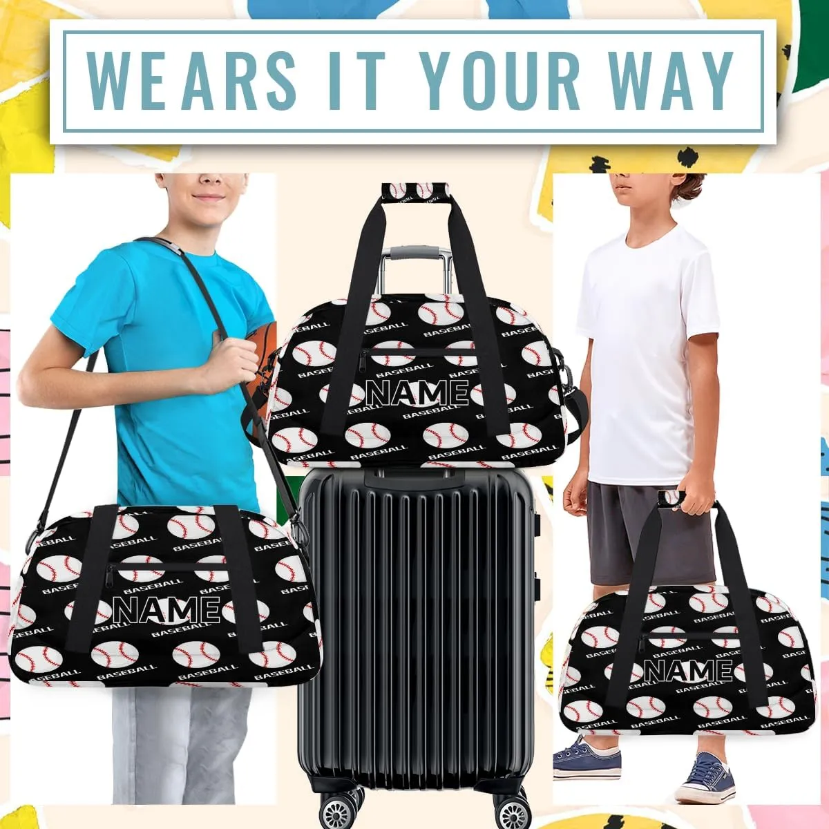 Custom Baseball Small Gym Bag 18 inch for Women Men Personalized Baseball Pattern Carry On Overnight Weekender Bag for Travel Work Dance Sport
