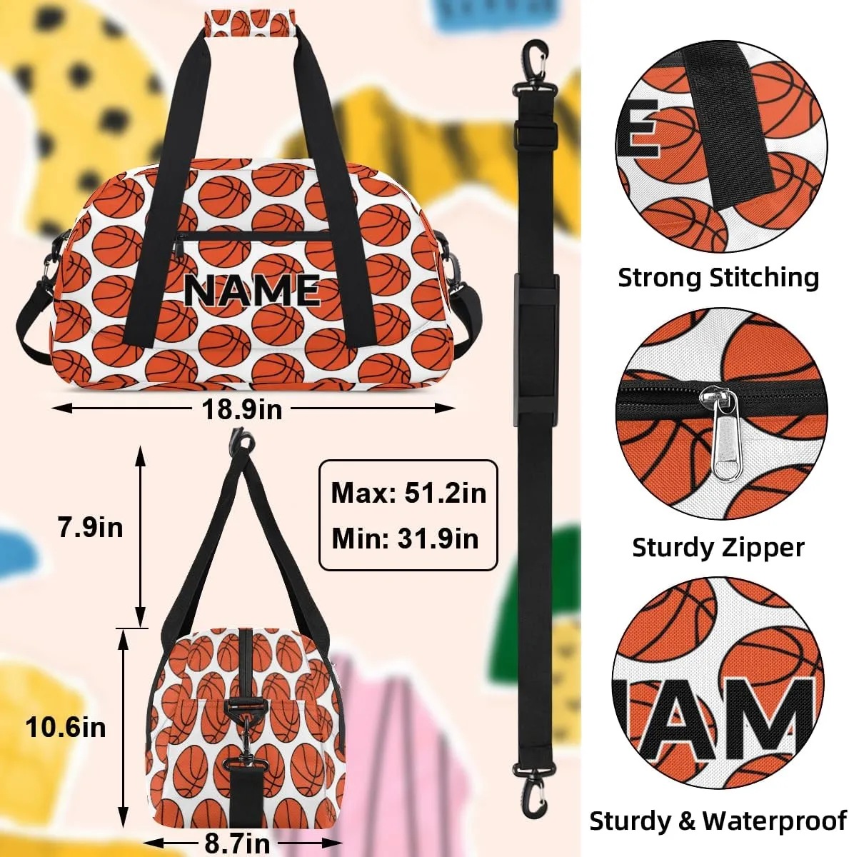 Custom Basketball Pattern Small Gym Bag 18 inch for Women Men Personalized Basketball Ball Carry On Overnight Weekender Bag for Travel Work Dance Sport