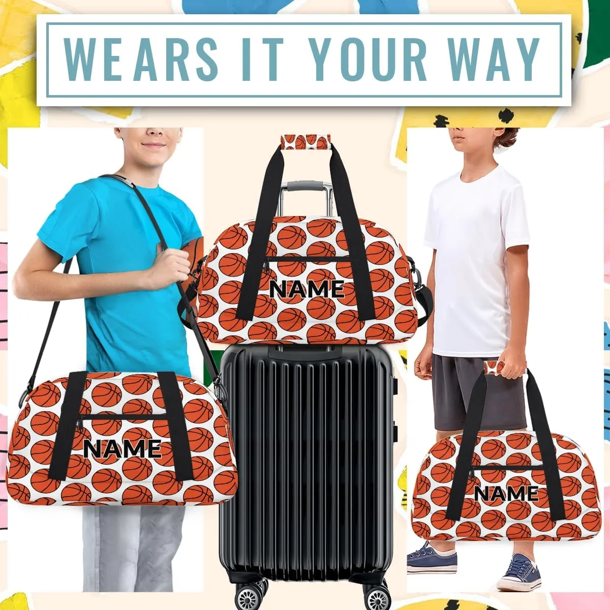 Custom Basketball Pattern Small Gym Bag 18 inch for Women Men Personalized Basketball Ball Carry On Overnight Weekender Bag for Travel Work Dance Sport