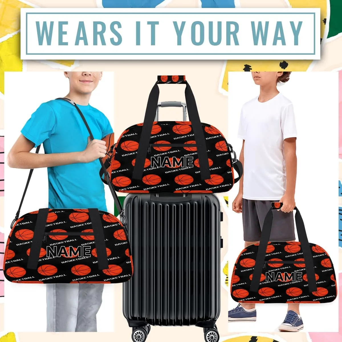 Custom Basketball Small Gym Bag 18 inch for Women Men Personalized Basketball Pattern Carry On Overnight Weekender Bag for Travel Work Dance Sport