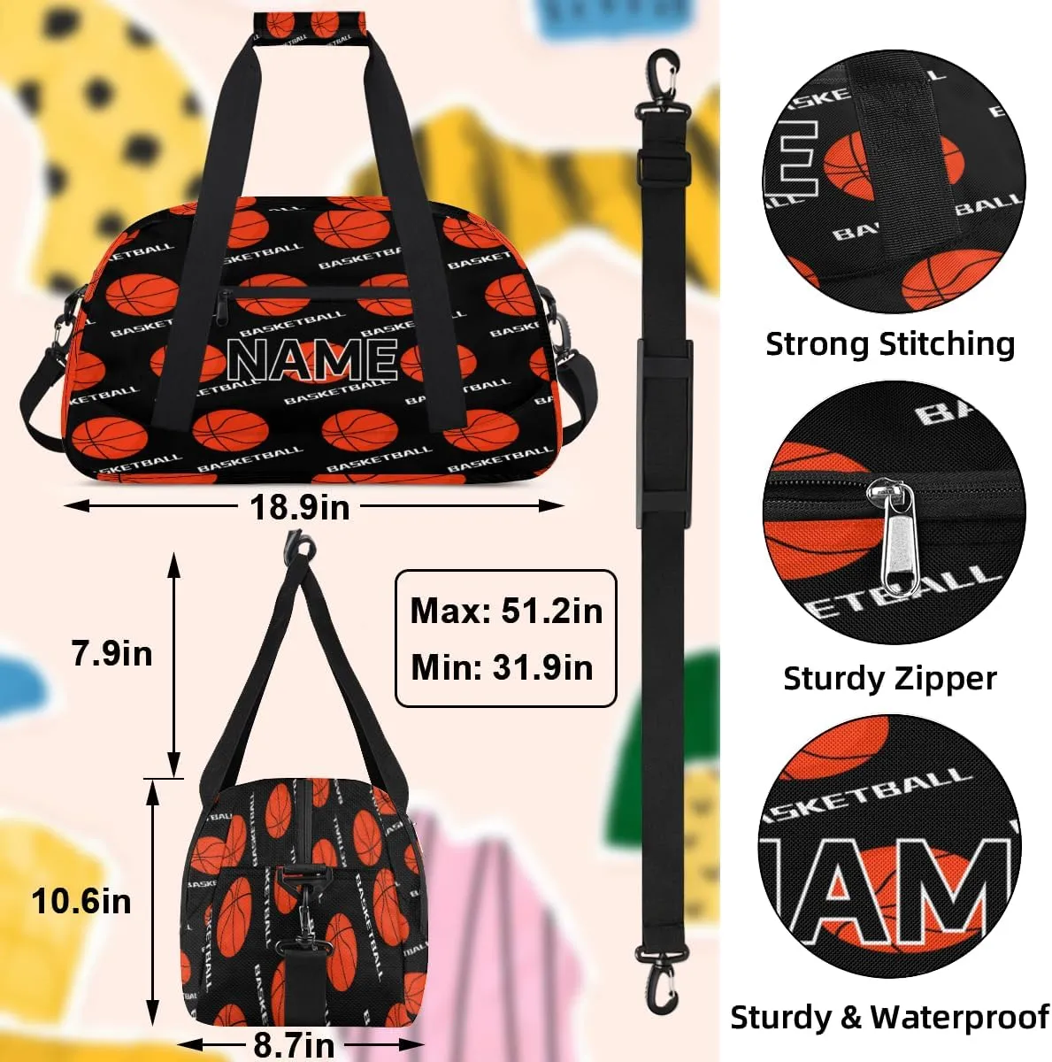 Custom Basketball Small Gym Bag 18 inch for Women Men Personalized Basketball Pattern Carry On Overnight Weekender Bag for Travel Work Dance Sport