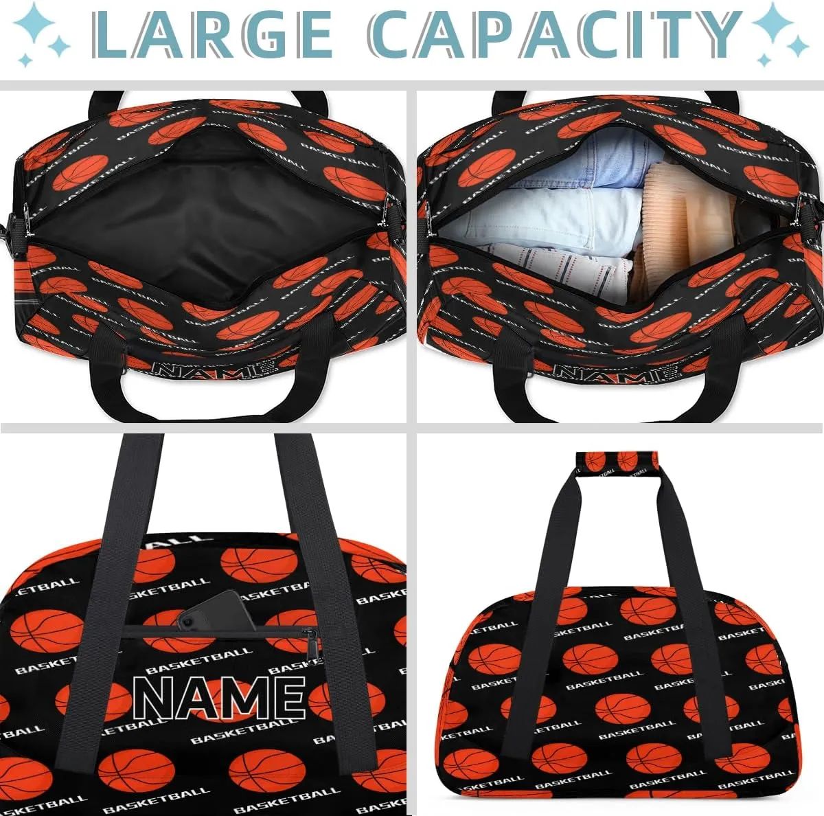 Custom Basketball Small Gym Bag 18 inch for Women Men Personalized Basketball Pattern Carry On Overnight Weekender Bag for Travel Work Dance Sport