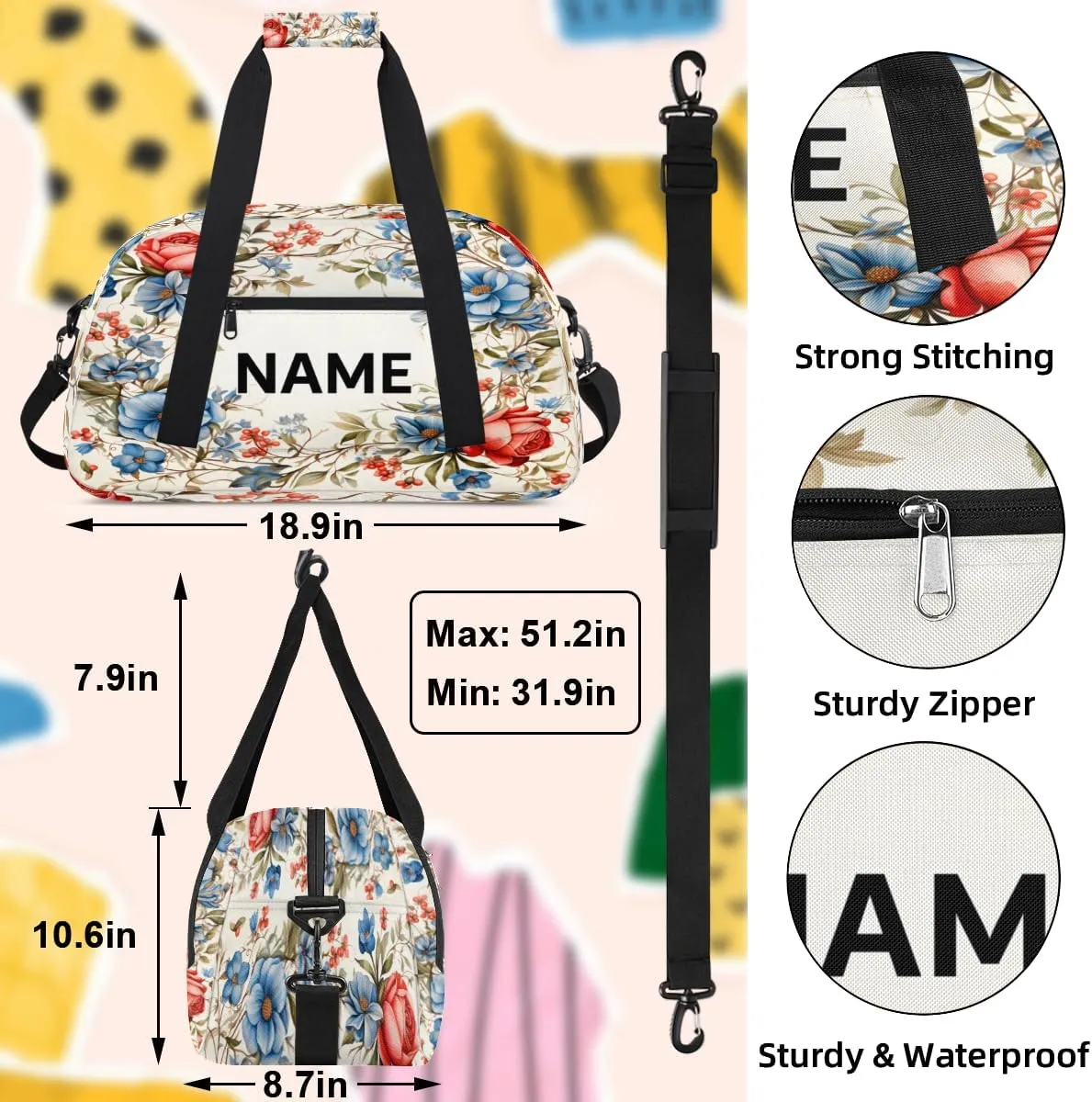 Custom Blue and Red Small Gym Bag 18 inch for Women Men Personalized Floral Carry On Overnight Weekender Bag for Travel Work Dance Sport