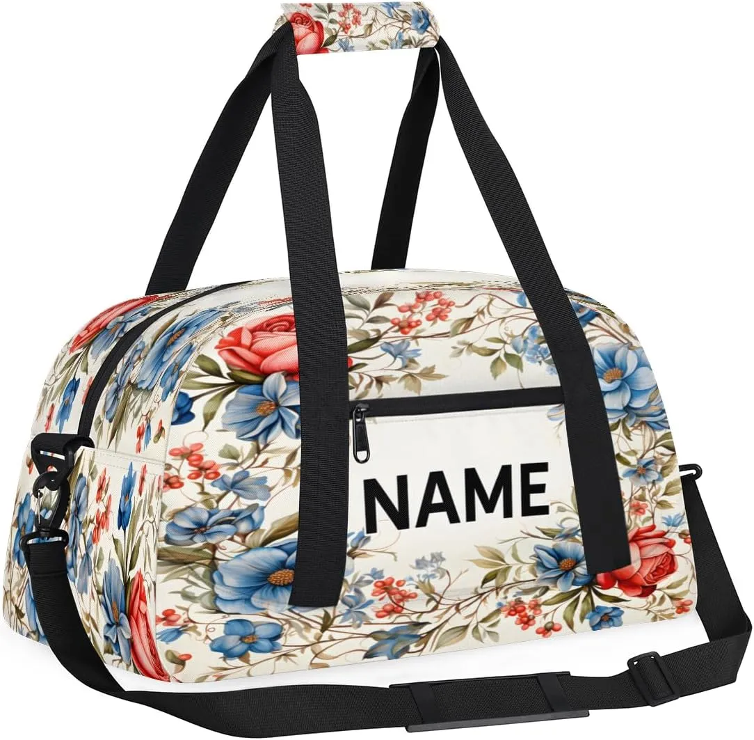 Custom Blue and Red Small Gym Bag 18 inch for Women Men Personalized Floral Carry On Overnight Weekender Bag for Travel Work Dance Sport