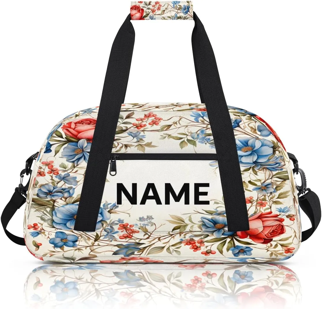 Custom Blue and Red Small Gym Bag 18 inch for Women Men Personalized Floral Carry On Overnight Weekender Bag for Travel Work Dance Sport