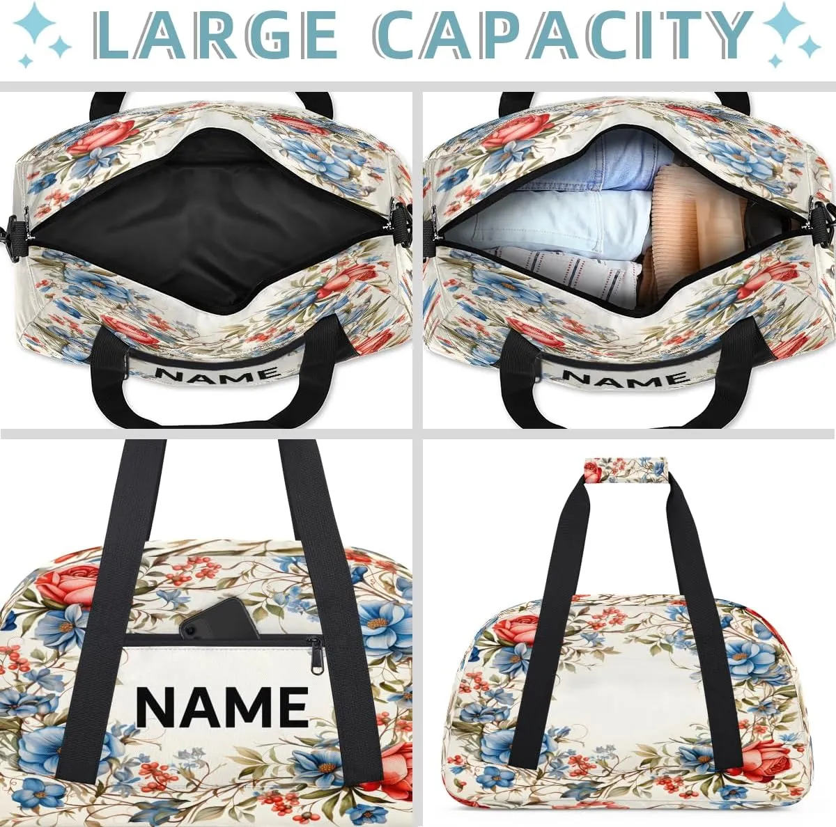 Custom Blue and Red Small Gym Bag 18 inch for Women Men Personalized Floral Carry On Overnight Weekender Bag for Travel Work Dance Sport
