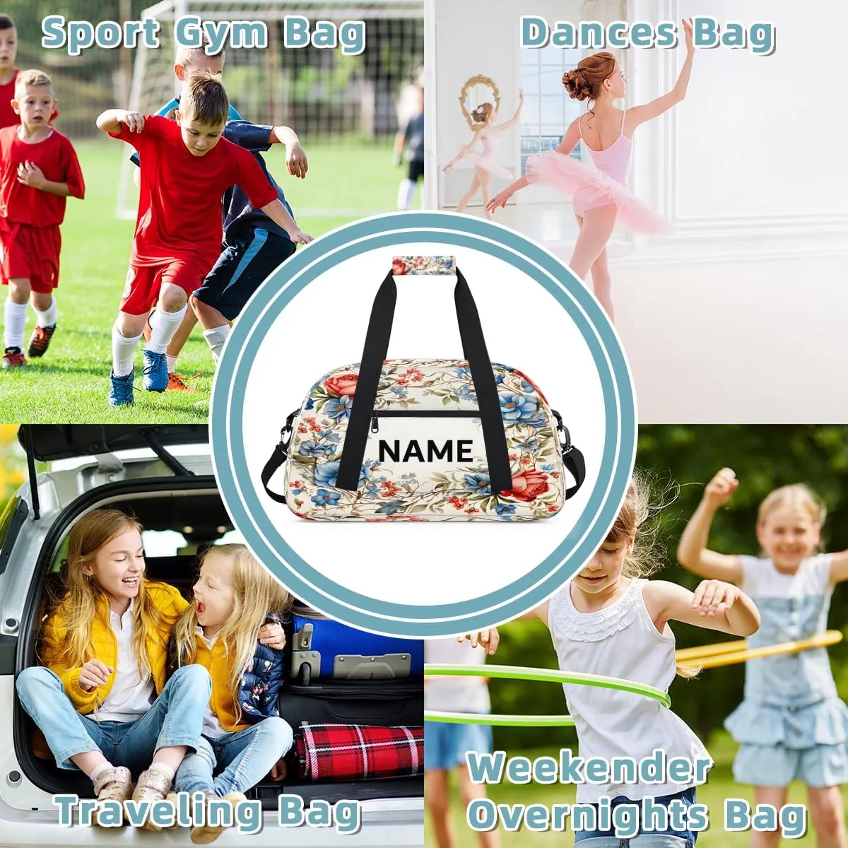 Custom Blue and Red Small Gym Bag 18 inch for Women Men Personalized Floral Carry On Overnight Weekender Bag for Travel Work Dance Sport