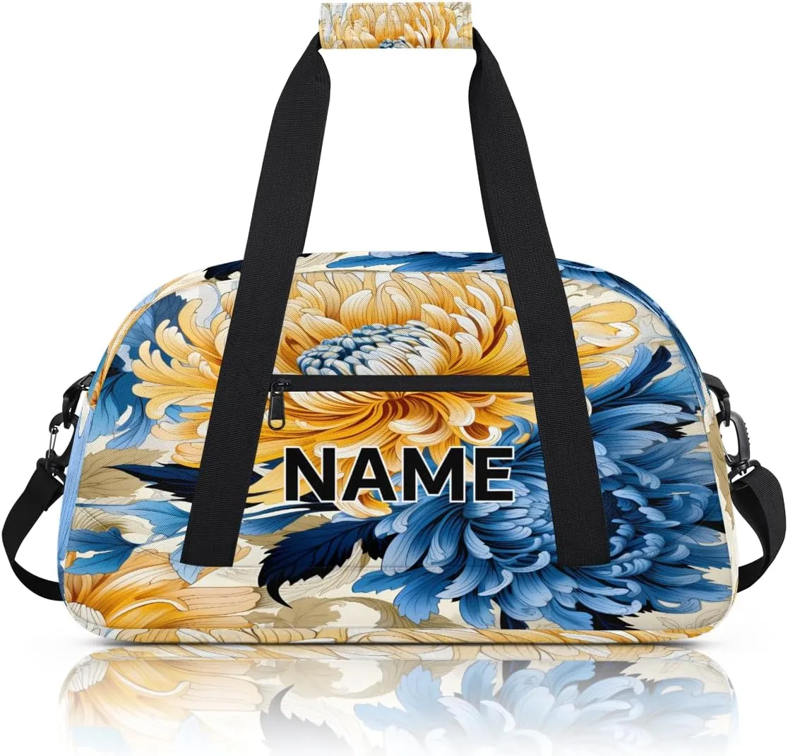 Custom Blue Yellow and Navy Small Gym Bag 18 inch for Women Men Personalized Chrysanthemum Flowers Carry On Overnight Weekender Bag for Travel Work Dance Sport