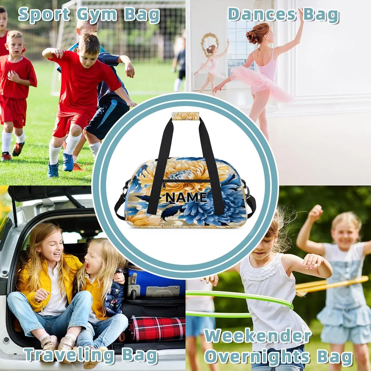 Custom Blue Yellow and Navy Small Gym Bag 18 inch for Women Men Personalized Chrysanthemum Flowers Carry On Overnight Weekender Bag for Travel Work Dance Sport