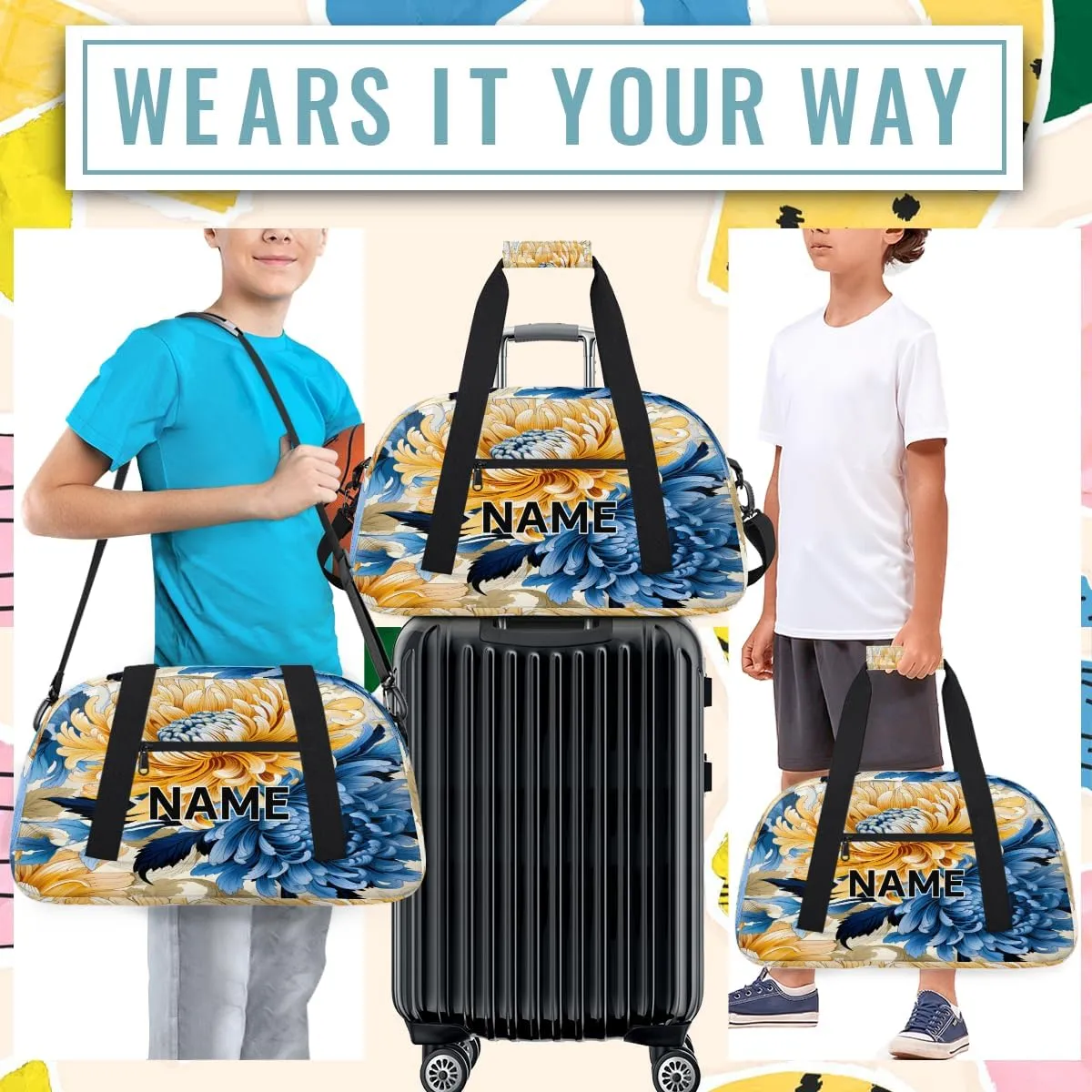 Custom Blue Yellow and Navy Small Gym Bag 18 inch for Women Men Personalized Chrysanthemum Flowers Carry On Overnight Weekender Bag for Travel Work Dance Sport