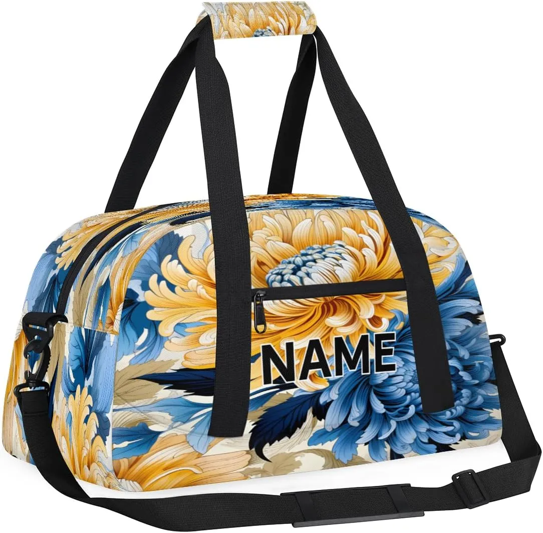 Custom Blue Yellow and Navy Small Gym Bag 18 inch for Women Men Personalized Chrysanthemum Flowers Carry On Overnight Weekender Bag for Travel Work Dance Sport
