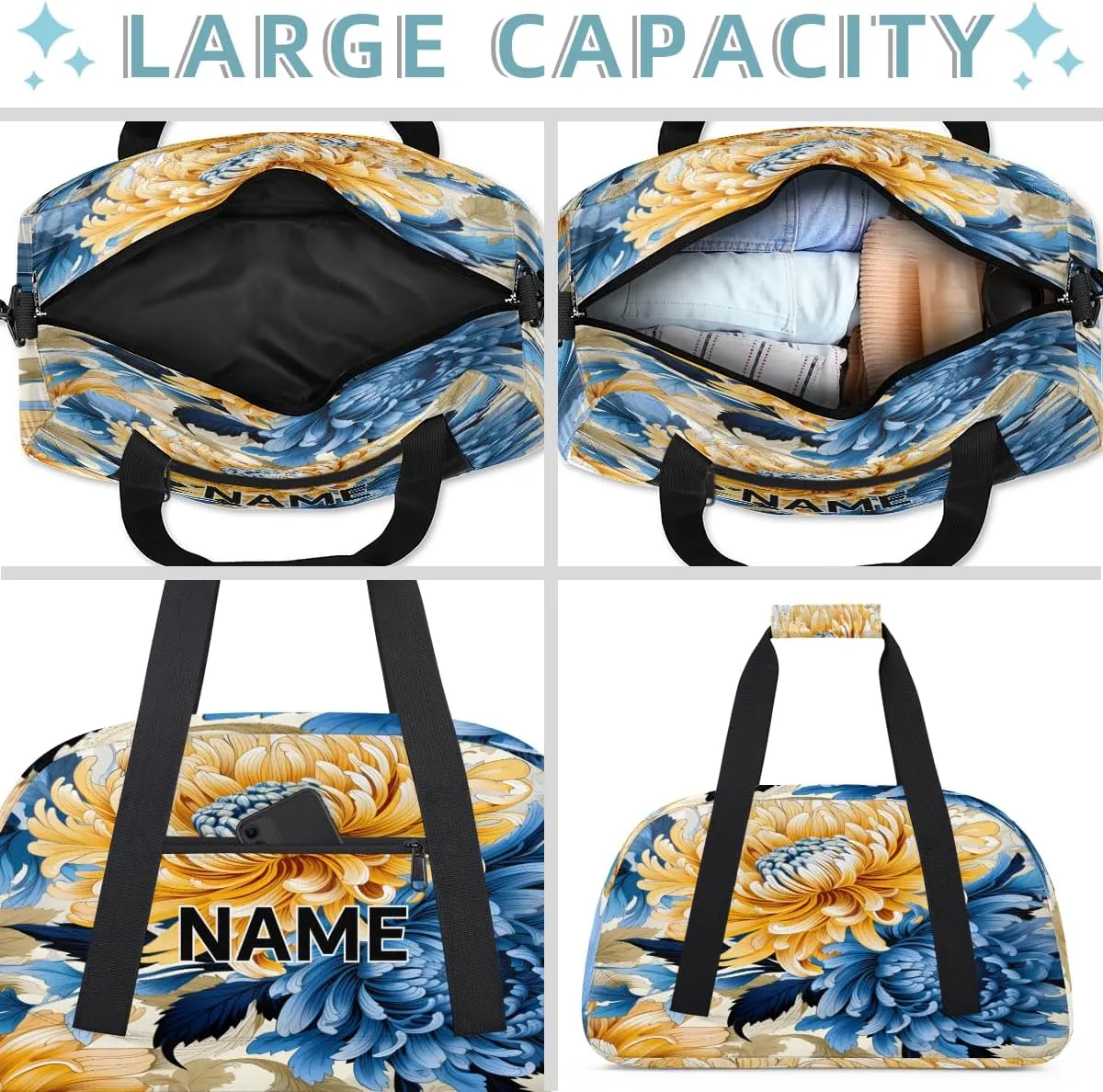 Custom Blue Yellow and Navy Small Gym Bag 18 inch for Women Men Personalized Chrysanthemum Flowers Carry On Overnight Weekender Bag for Travel Work Dance Sport