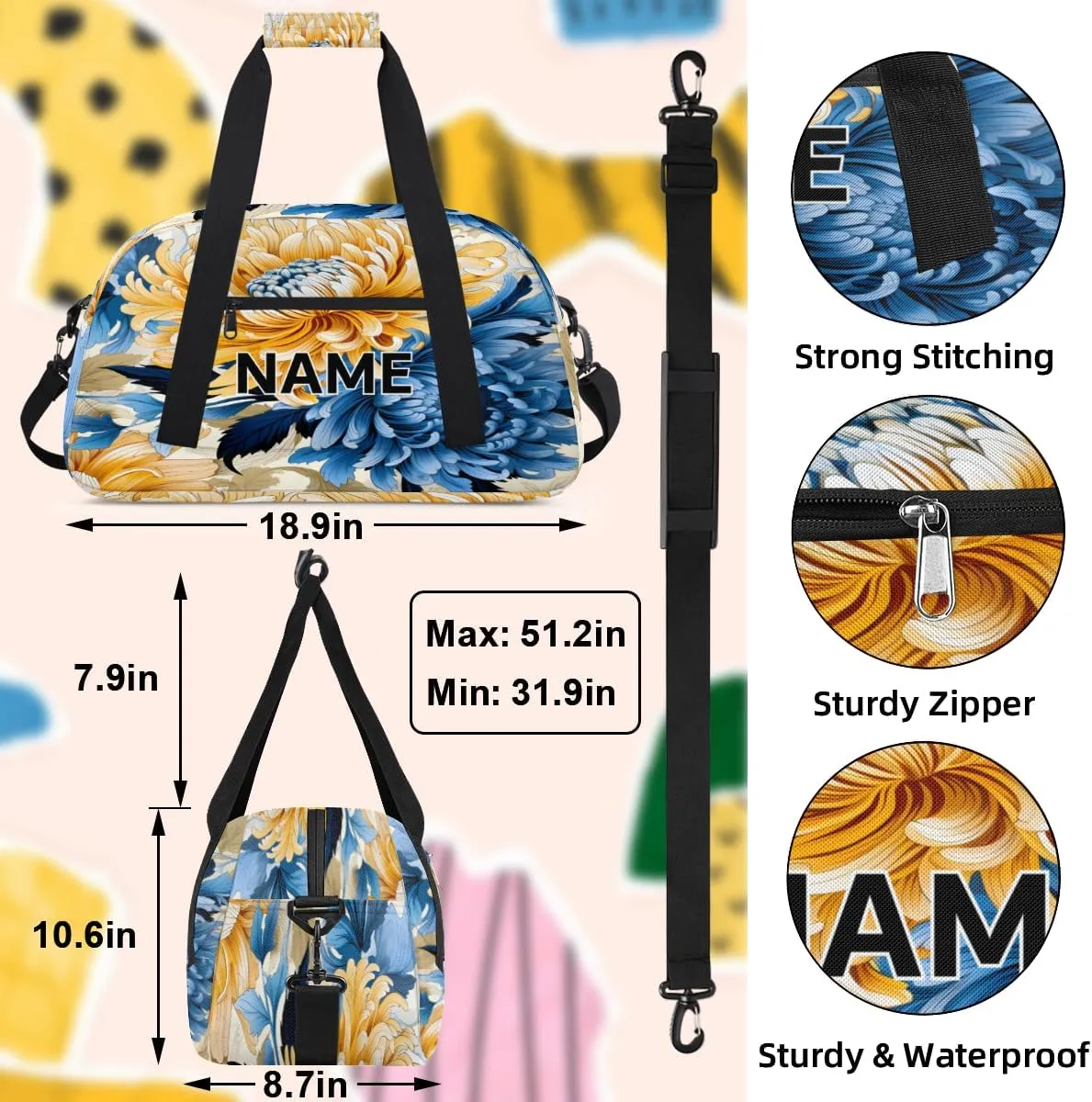 Custom Blue Yellow and Navy Small Gym Bag 18 inch for Women Men Personalized Chrysanthemum Flowers Carry On Overnight Weekender Bag for Travel Work Dance Sport