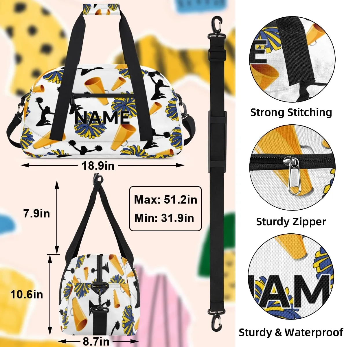 Custom Cheers Small Gym Bag 18 inch for Women Men Personalized Cheerleader Cheer Carry On Overnight Weekender Bag for Travel Work Dance Sport