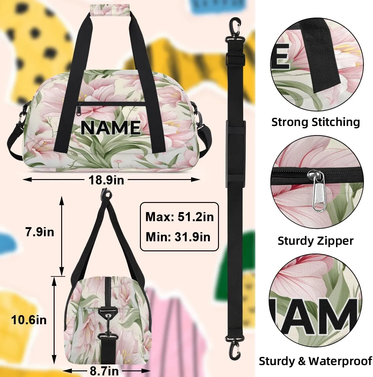 Custom Flowers Small Gym Bag 18 inch for Women Men Personalized Floral Carry On Overnight Weekender Bag for Travel Work Dance Sport