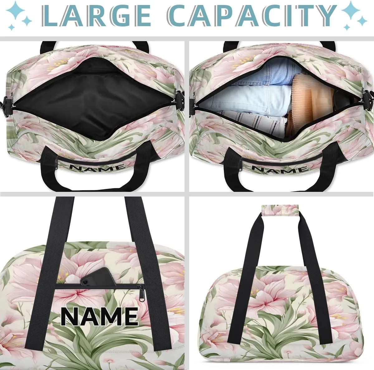 Custom Flowers Small Gym Bag 18 inch for Women Men Personalized Floral Carry On Overnight Weekender Bag for Travel Work Dance Sport