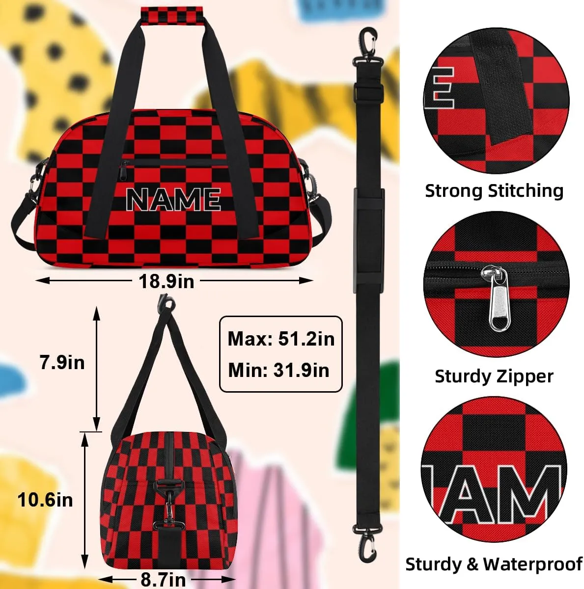 Custom Red and Black Small Gym Bag 18 inch for Women Men Personalized Buffalo Check Plaid Carry On Overnight Weekender Bag for Travel Work Dance Sport