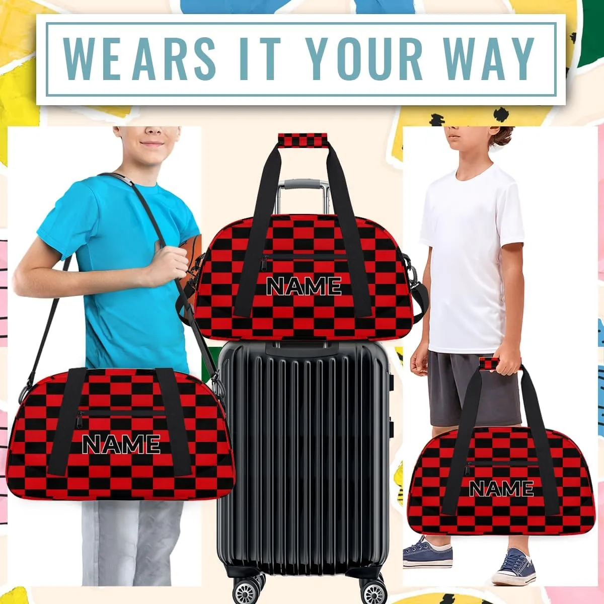 Custom Red and Black Small Gym Bag 18 inch for Women Men Personalized Buffalo Check Plaid Carry On Overnight Weekender Bag for Travel Work Dance Sport