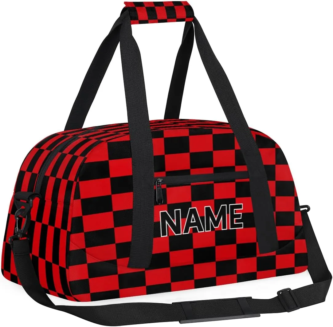 Custom Red and Black Small Gym Bag 18 inch for Women Men Personalized Buffalo Check Plaid Carry On Overnight Weekender Bag for Travel Work Dance Sport