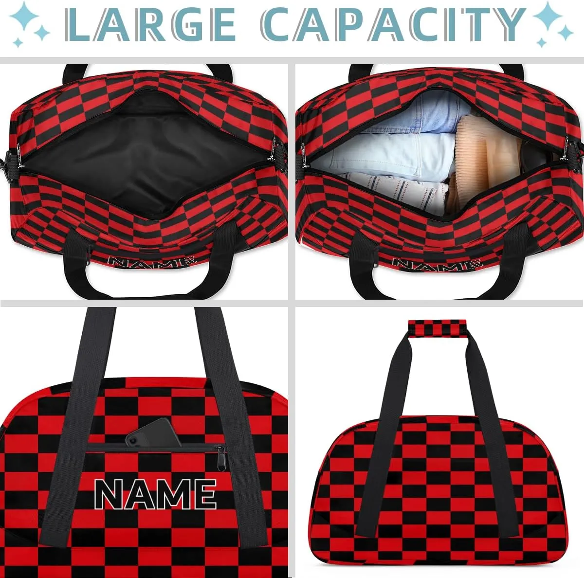Custom Red and Black Small Gym Bag 18 inch for Women Men Personalized Buffalo Check Plaid Carry On Overnight Weekender Bag for Travel Work Dance Sport