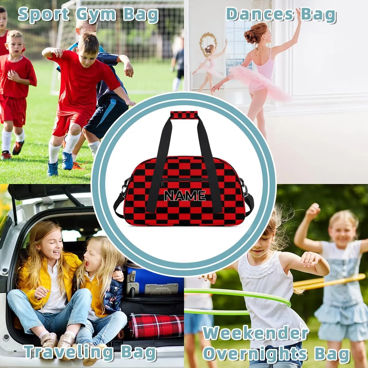 Custom Red and Black Small Gym Bag 18 inch for Women Men Personalized Buffalo Check Plaid Carry On Overnight Weekender Bag for Travel Work Dance Sport