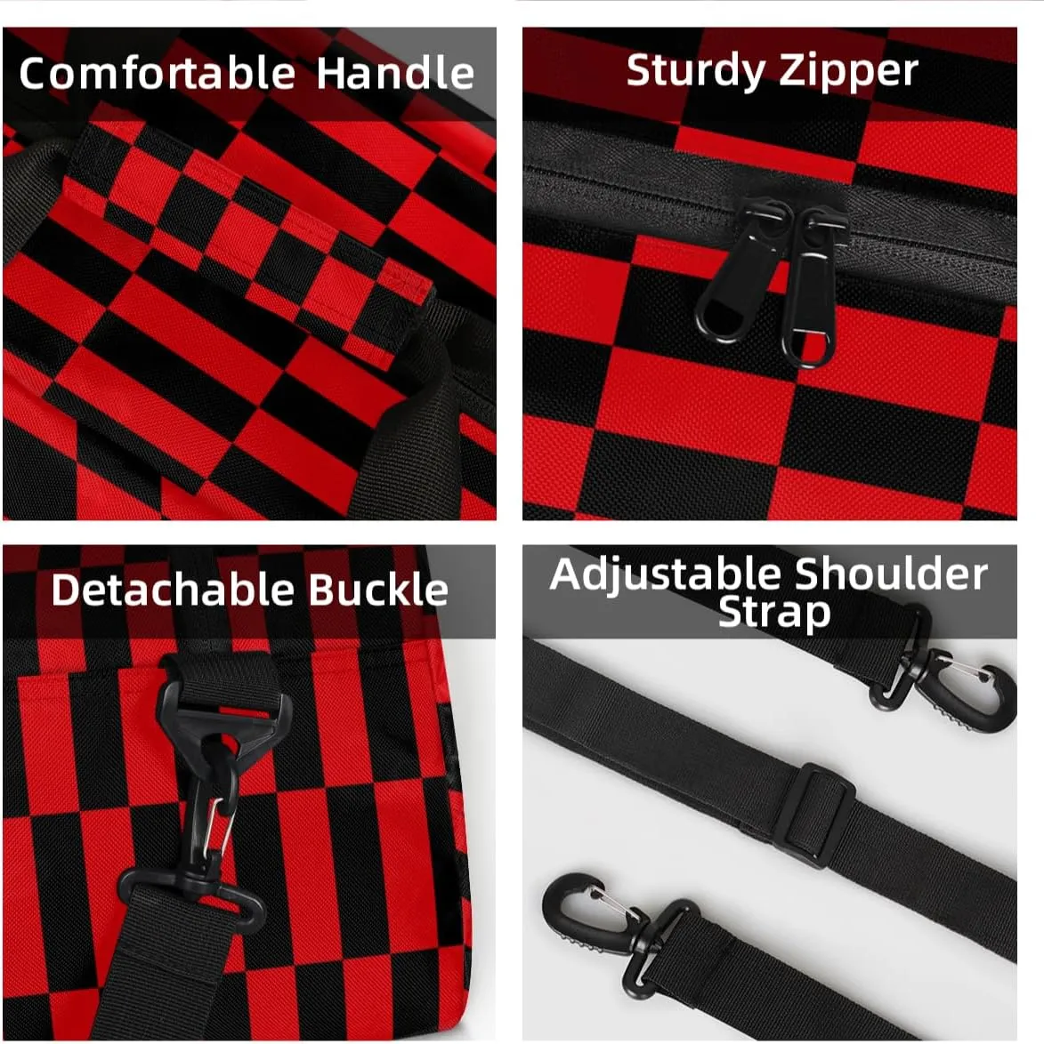 Custom Red and Black Small Gym Bag 18 inch for Women Men Personalized Buffalo Check Plaid Carry On Overnight Weekender Bag for Travel Work Dance Sport