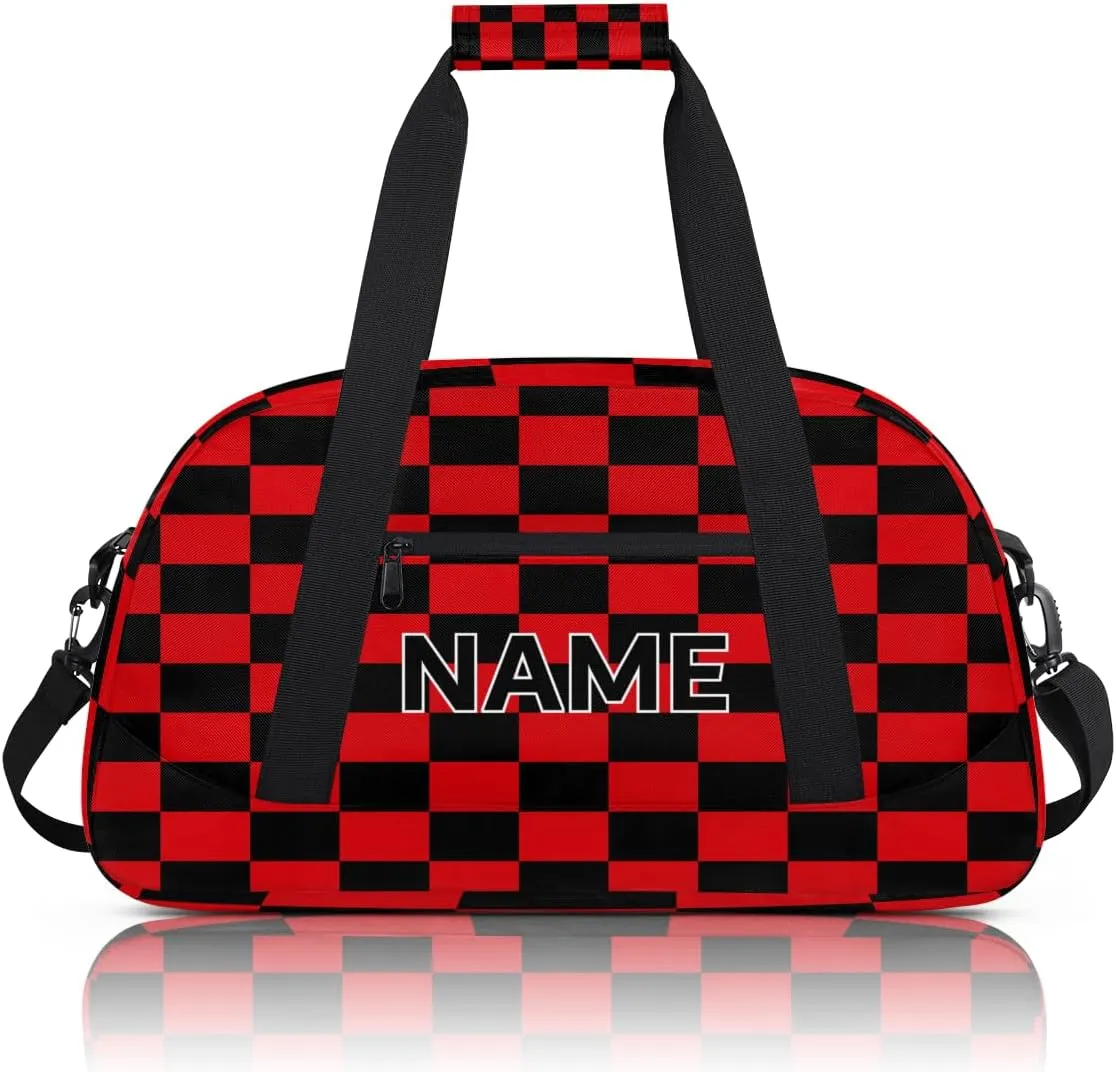 Custom Red and Black Small Gym Bag 18 inch for Women Men Personalized Buffalo Check Plaid Carry On Overnight Weekender Bag for Travel Work Dance Sport