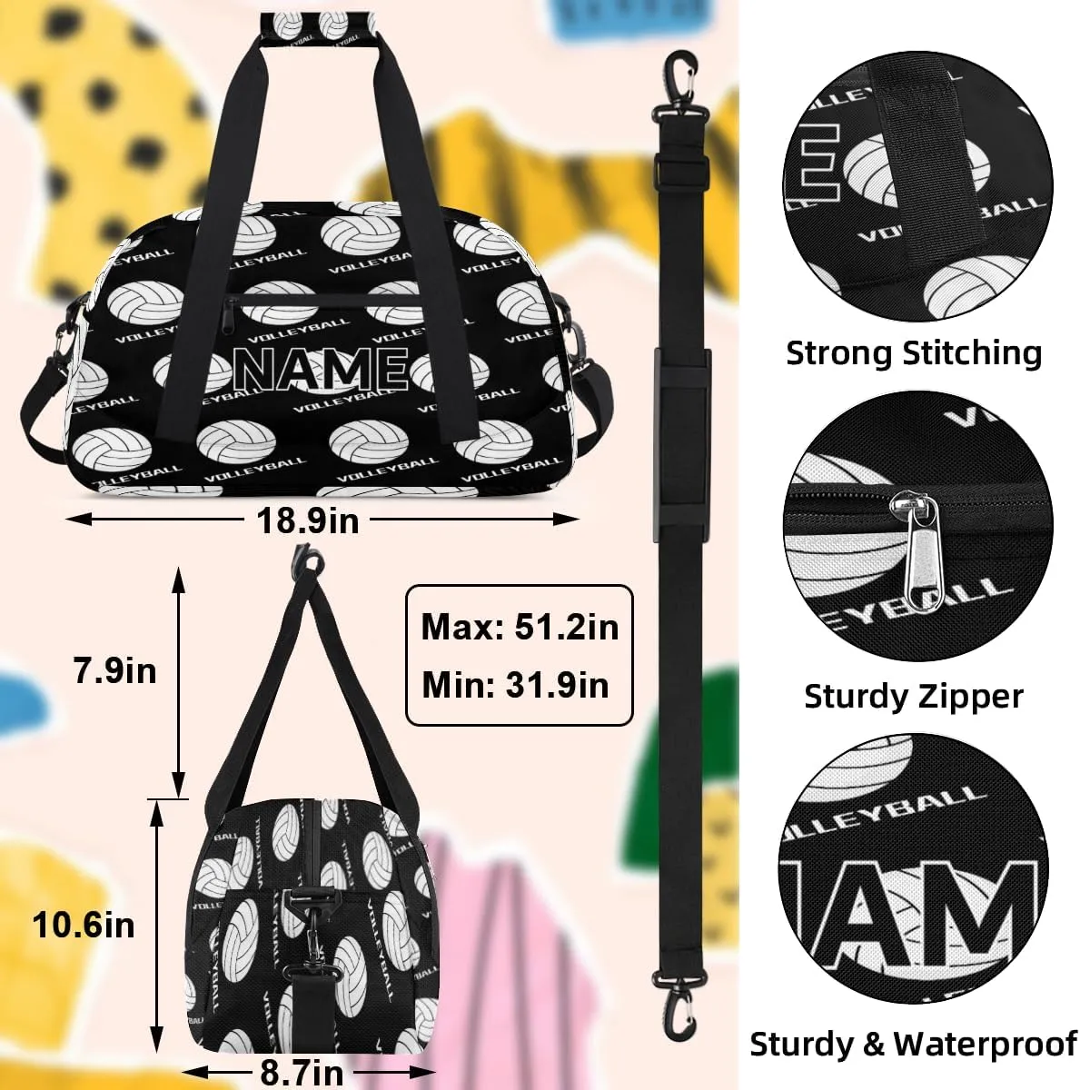 Custom Volleyball Small Gym Bag 18 inch for Women Men Personalized Volleyball Carry On Overnight Weekender Bag for Travel Work Dance Sport