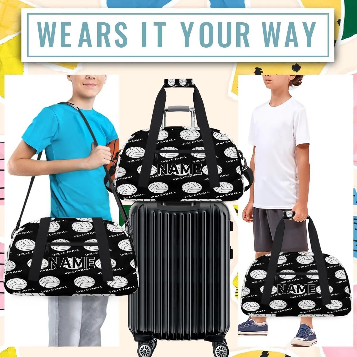 Custom Volleyball Small Gym Bag 18 inch for Women Men Personalized Volleyball Carry On Overnight Weekender Bag for Travel Work Dance Sport