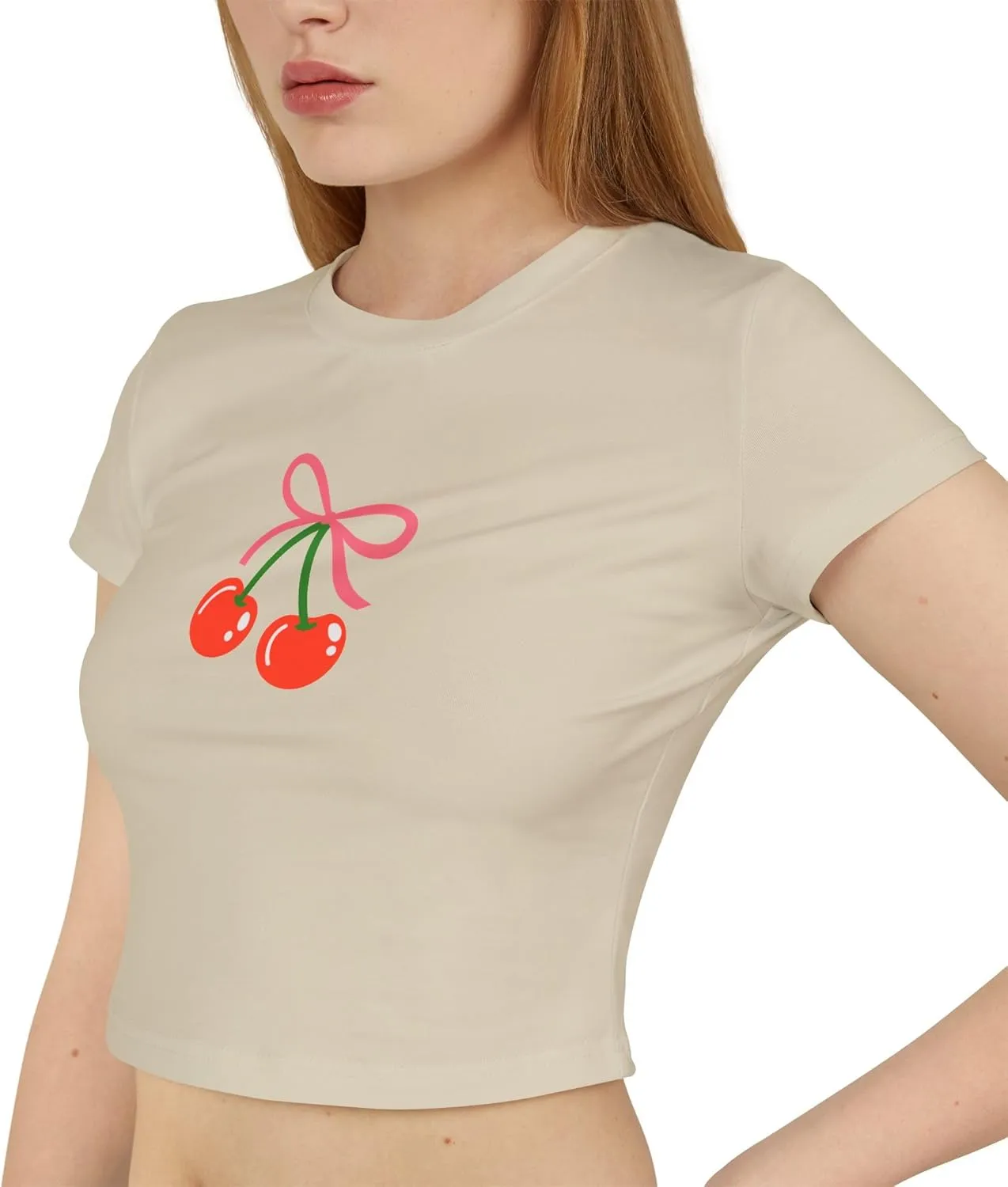 Cute Graphic Baby Tee, 100% Organic Cotton, Flirty Cherry Print T-Shirt for Women, Coquette Aesthetic, Trendy Summer Top
