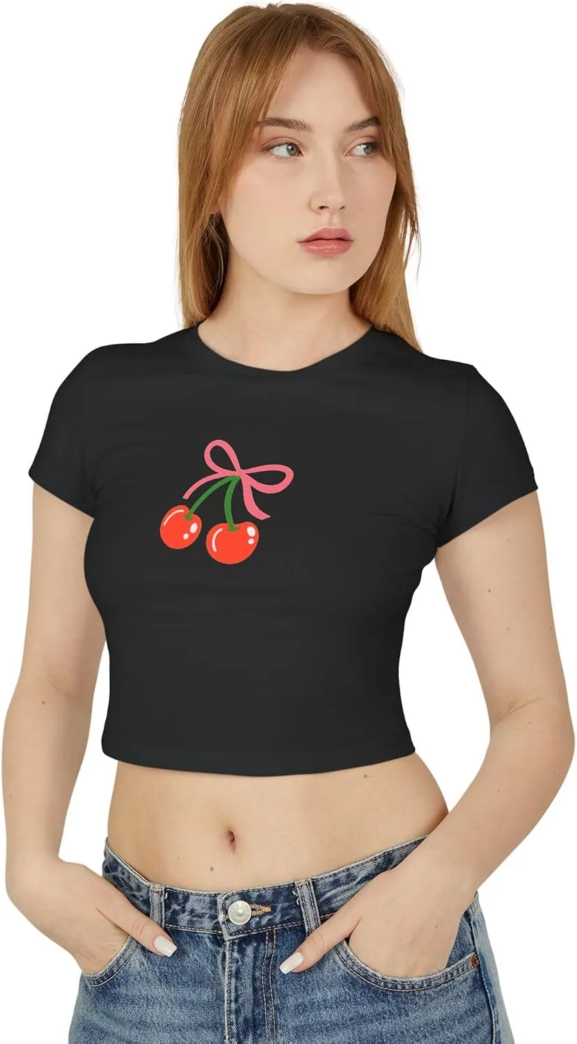 Cute Graphic Baby Tee, 100% Organic Cotton, Flirty Cherry Print T-Shirt for Women, Coquette Aesthetic, Trendy Summer Top