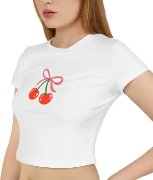 Cute Graphic Baby Tee, 100% Organic Cotton, Flirty Cherry Print T-Shirt for Women, Coquette Aesthetic, Trendy Summer Top
