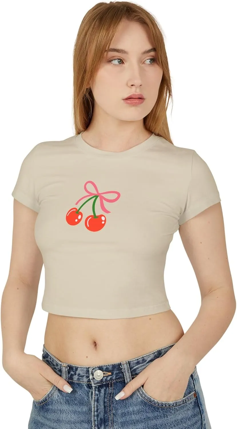 Cute Graphic Baby Tee, 100% Organic Cotton, Flirty Cherry Print T-Shirt for Women, Coquette Aesthetic, Trendy Summer Top