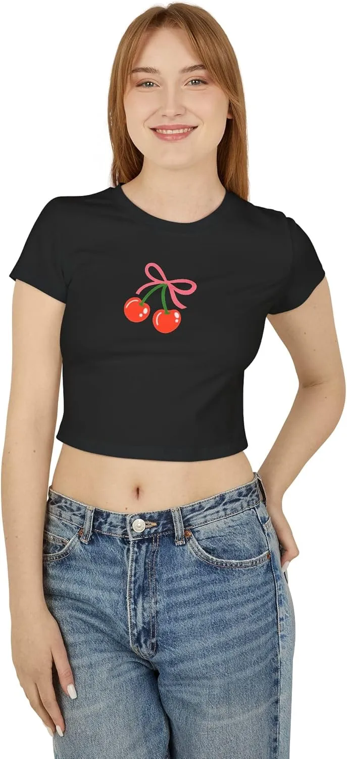 Cute Graphic Baby Tee, 100% Organic Cotton, Flirty Cherry Print T-Shirt for Women, Coquette Aesthetic, Trendy Summer Top