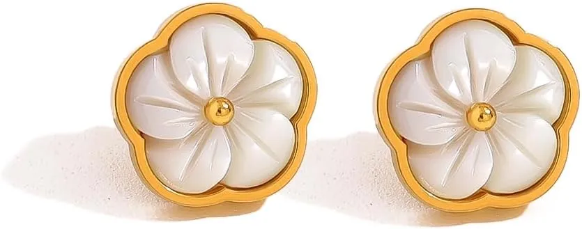 Dainty White Shell Flower Stud Earrings for Women Minimalist Stainless Steel Cute Small Floral Piercing Studs Cartilage Tragus Post Pin Fashion Wedding Holiday Statement Jewelry for Her