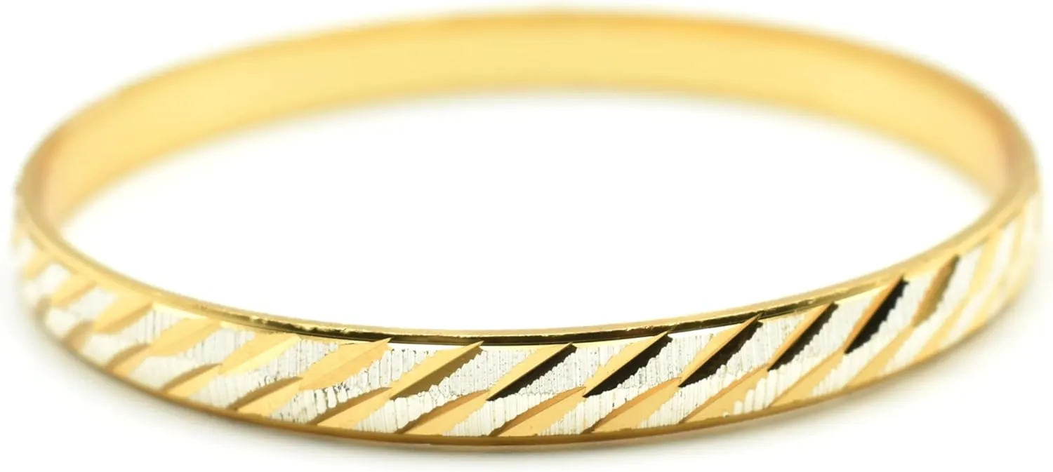 Diamond Cut Two-Tone Bangle Bracelet, 2.75 inch, Gold Filled and Silver Plated, Laser Etched Design
