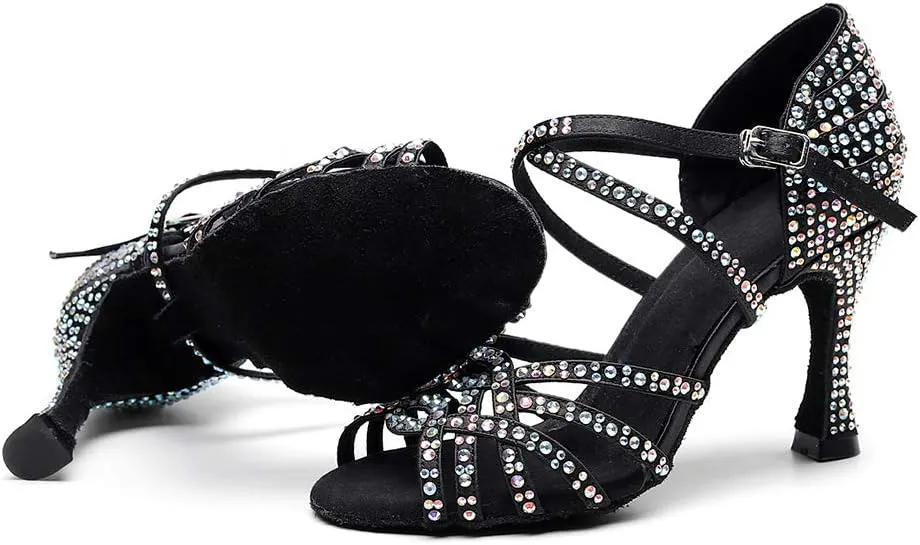 DKZSYIM Women Rhinestone Latin Ballroom Dance Shoes Bachata Salsa Practice Performance Dance Shoes,Model QJW1036