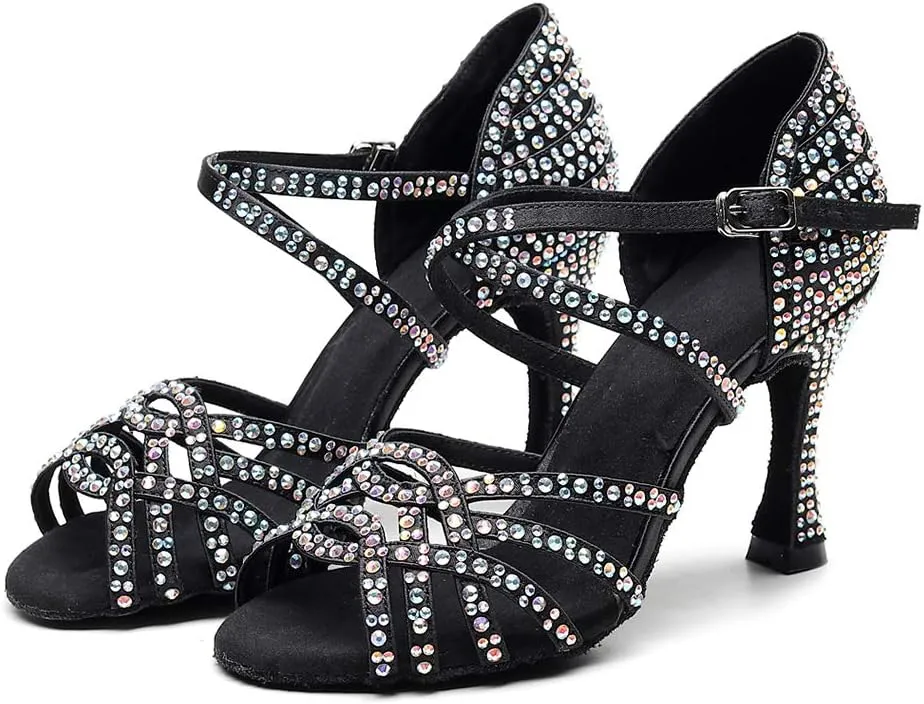 DKZSYIM Women Rhinestone Latin Ballroom Dance Shoes Bachata Salsa Practice Performance Dance Shoes,Model QJW1036
