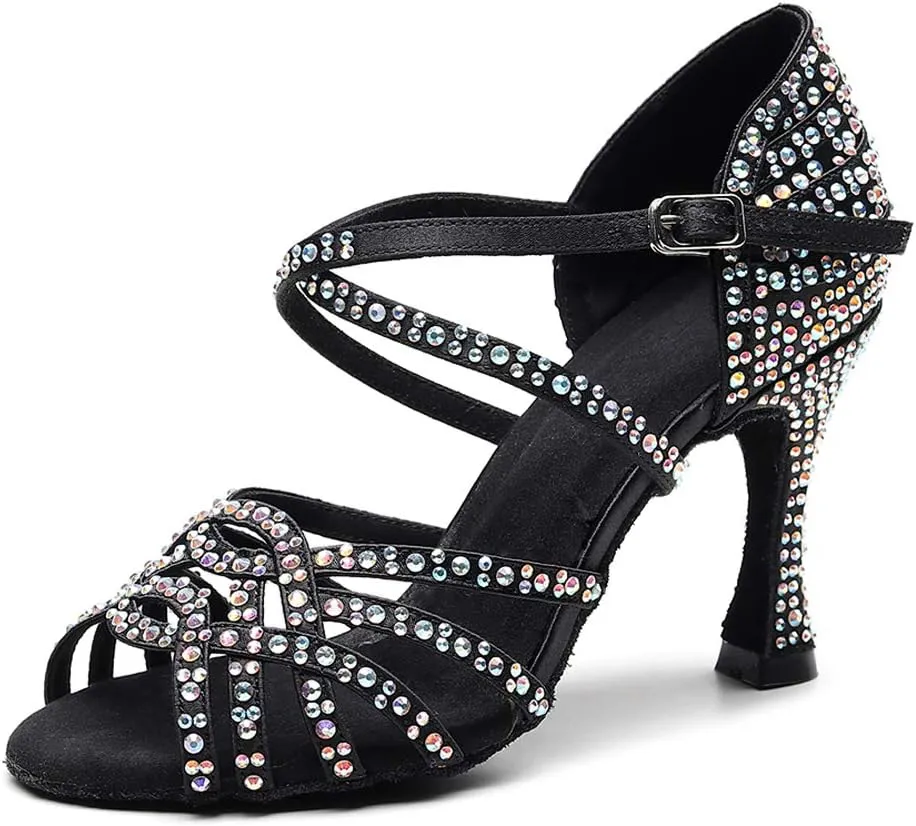DKZSYIM Women Rhinestone Latin Ballroom Dance Shoes Bachata Salsa Practice Performance Dance Shoes,Model QJW1036
