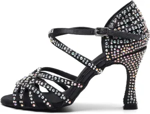 DKZSYIM Women Rhinestone Latin Ballroom Dance Shoes Bachata Salsa Practice Performance Dance Shoes,Model QJW1036