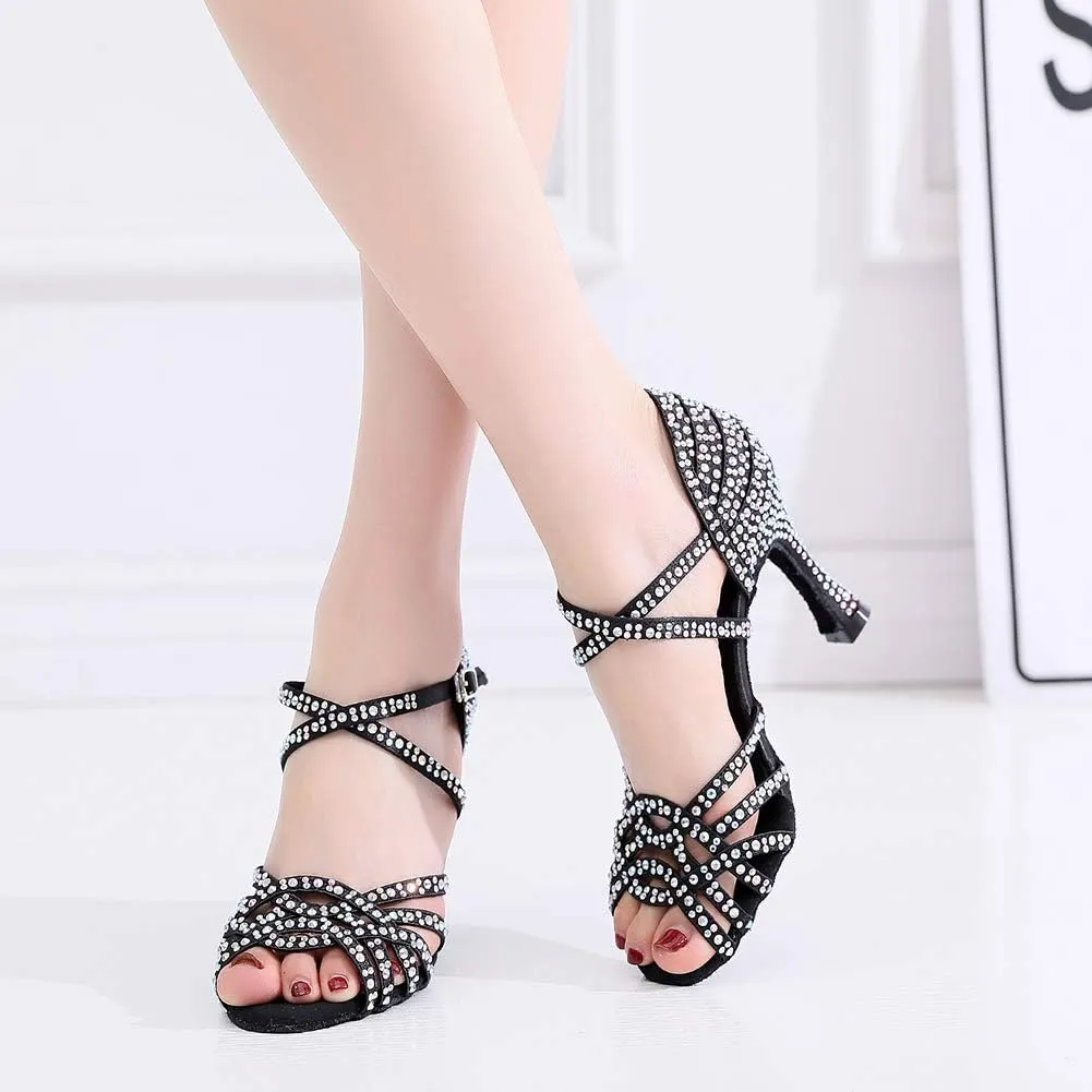 DKZSYIM Women Rhinestone Latin Ballroom Dance Shoes Bachata Salsa Practice Performance Dance Shoes,Model QJW1036