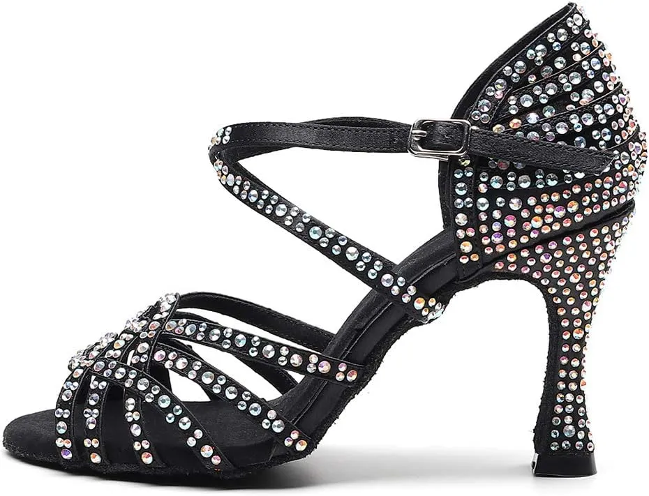 DKZSYIM Women Rhinestone Latin Ballroom Dance Shoes Bachata Salsa Practice Performance Dance Shoes,Model QJW1036