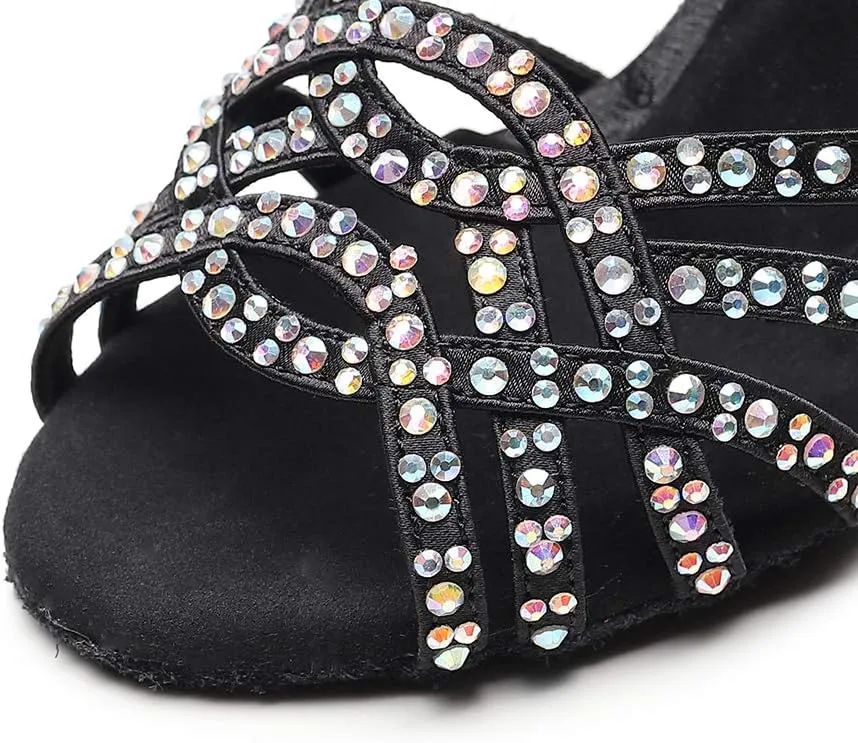 DKZSYIM Women Rhinestone Latin Ballroom Dance Shoes Bachata Salsa Practice Performance Dance Shoes,Model QJW1036