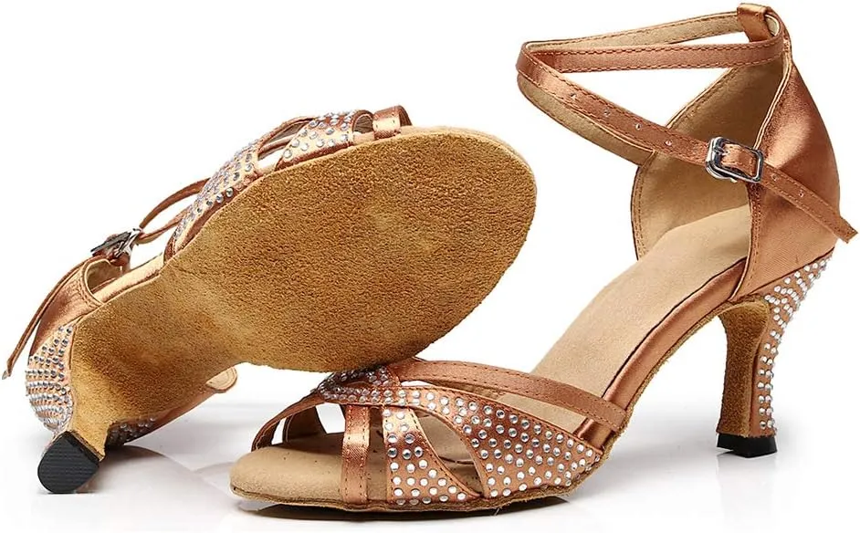 DKZSYIM Women Rhinestone Latin Ballroom Dance Shoes Bachata Salsa Practice Performance Dance Shoes,Model QJW7132
