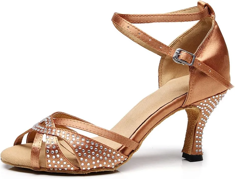 DKZSYIM Women Rhinestone Latin Ballroom Dance Shoes Bachata Salsa Practice Performance Dance Shoes,Model QJW7132