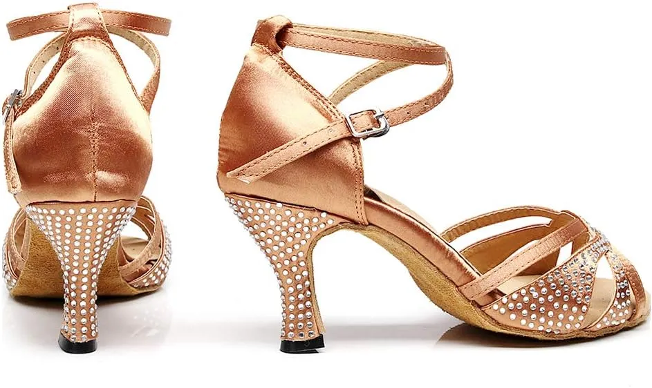 DKZSYIM Women Rhinestone Latin Ballroom Dance Shoes Bachata Salsa Practice Performance Dance Shoes,Model QJW7132