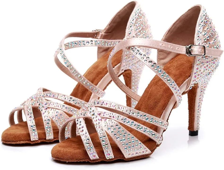 DKZSYIM Women Rhinestone Latin Ballroom Dance Shoes Bachata Salsa Practice Performance Dance Shoes,Model QJW7167