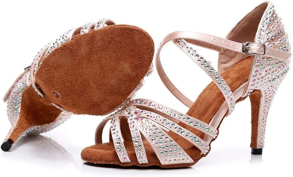 DKZSYIM Women Rhinestone Latin Ballroom Dance Shoes Bachata Salsa Practice Performance Dance Shoes,Model QJW7167